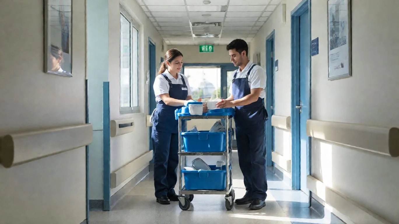 Deux professionnels d’entretien préparant un chariot dans un corridor de clinique