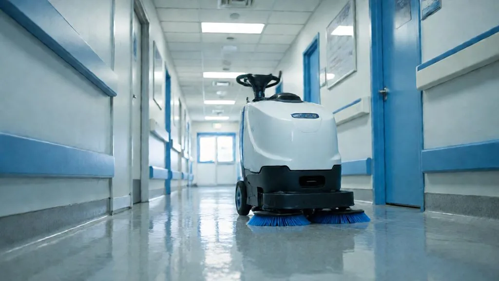 Autolaveuse en action dans un corridor de clinique
