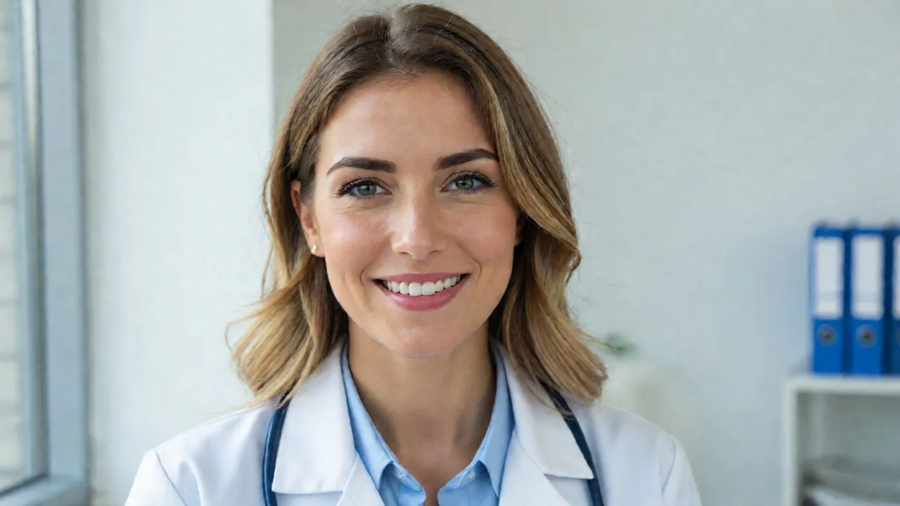 Portrait d’une médecin en sarrau dans une clinique lumineuse